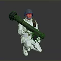 Woman in Camouflage Uniform Kneeling with Large Green Weapon and Helmet