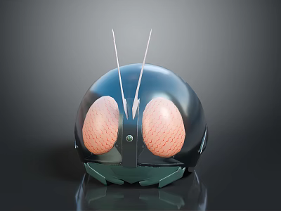 Futuristic Weapon Helmet With Black Design Pink Compound Eye Structure White Antennae And Green Base 3d model