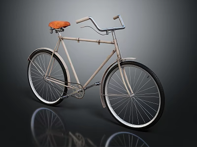 Classic Beige Bicycle With Orange Saddle And Large Spoked Wheels On Dark Background 3d model
