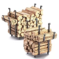 Stone Wood Firewood Stacked On Metal Racks With Tools And Logs