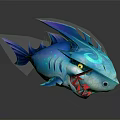 Blue Spiked Shark Game Movie Character with Yellow Eyes and Red Sharp Teeth