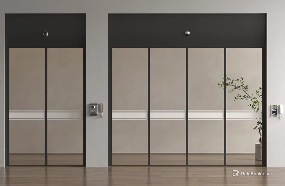 Modern Sliding Glass Doors With Black Frames And Indoor Plant In Interior Space 3d model 
