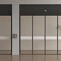 Modern Sliding Glass Doors With Black Frames And Indoor Plant In Interior Space