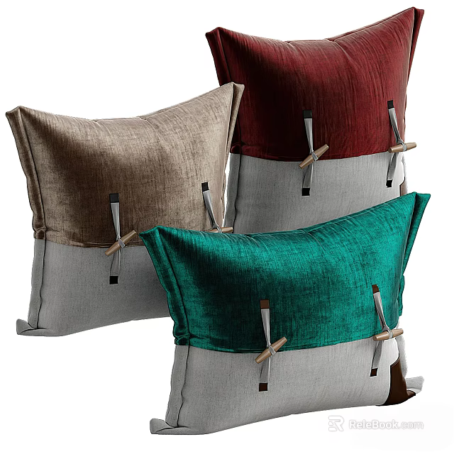 Velvet Decorative Pillows With Colorful Design And Brown Tie Accents For Home 3d model 