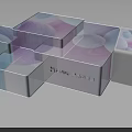 Modern Transparent Display Shelves With Pink Purple Gradient Cube Structure And Brand Logo