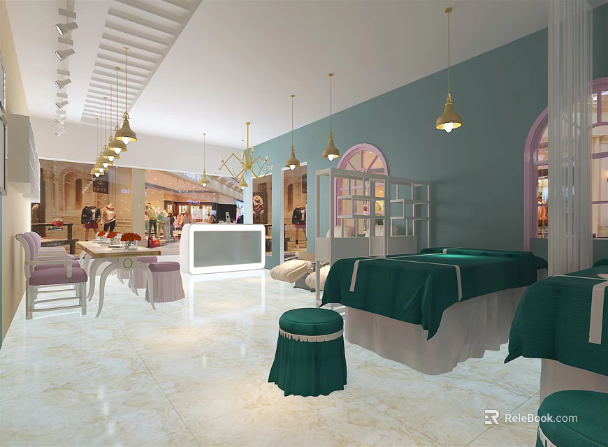 Elegant Beauty Salon Interior With Green Treatment Beds Hanging Lights And Marble Flooring 3d model 