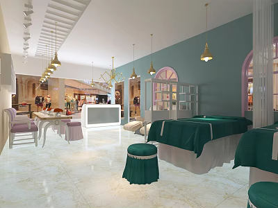 Elegant Beauty Salon Interior With Green Treatment Beds Hanging Lights And Marble Flooring 3d model