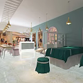 Elegant Beauty Salon Interior With Green Treatment Beds Hanging Lights And Marble Flooring