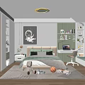 Modern Kids Room Interior Design With Bed Teddy Bear Basketball Bookshelves Moon Poster And Rug