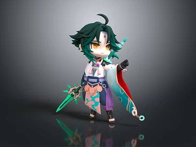 Chibi Character With Green Hair Yellow Eyes Patterned Outfit Holding Weapon On Dark Background 3d model