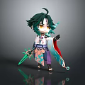 Chibi Character With Green Hair Yellow Eyes Patterned Outfit Holding Weapon On Dark Background