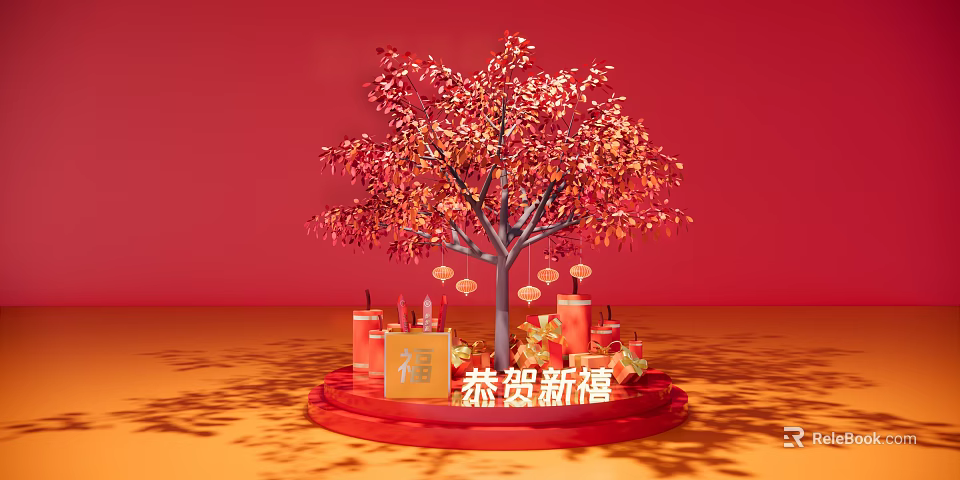 Red Background Decorative Tree With Red Gold Leaves Fu Character Lanterns And Candles 3d model 