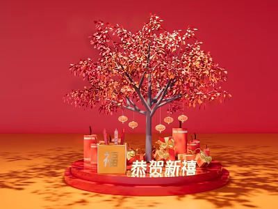 Red Background Decorative Tree With Red Gold Leaves Fu Character Lanterns And Candles 3d model