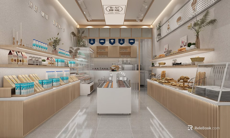 Modern Spacious Bright Bubble Tea Shop With Shelves Drink Ingredients Bread Pastries And Bar Counter 3d model 