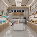 Modern Spacious Bright Bubble Tea Shop With Shelves Drink Ingredients Bread Pastries And Bar Counter