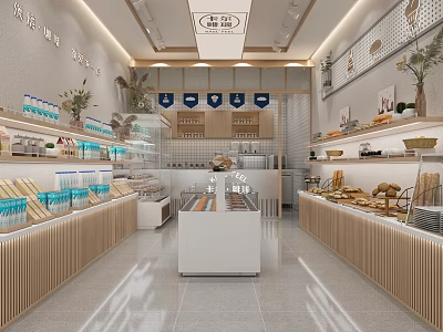 Modern Spacious Bright Bubble Tea Shop With Shelves Drink Ingredients Bread Pastries And Bar Counter 3d model