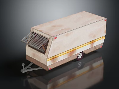 Light Brown Trailer With Wooden Texture Yellow Stripe Decoration Metal Grille Vent Wheels And Hitch 3d model