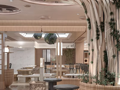 Natural Style Restaurant Interior With Wooden Decor Green Plants And Round Tables 3d model