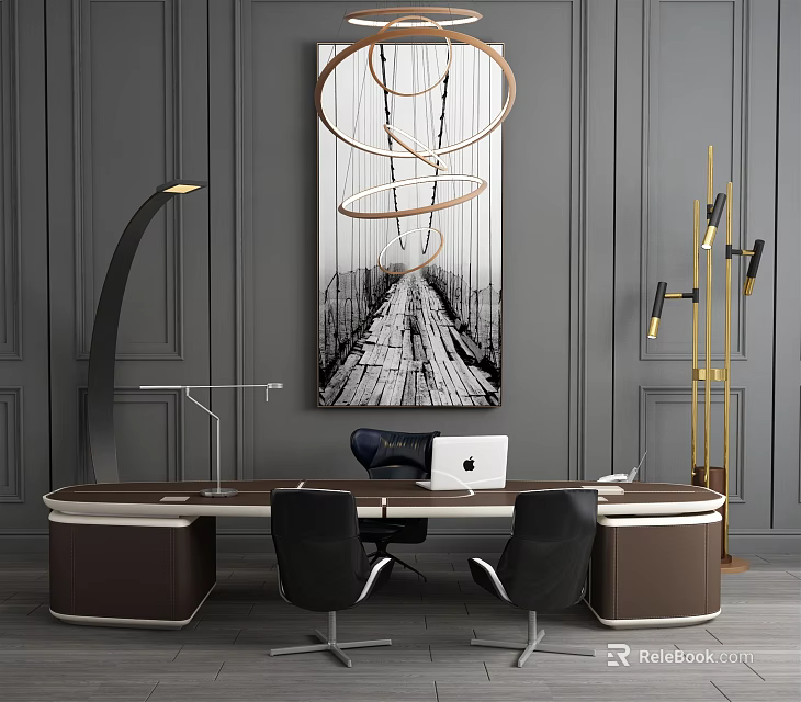 Curved Modern Office Desk With Black Chairs Abstract Wall Art And Circular Pendant Light 3d model 