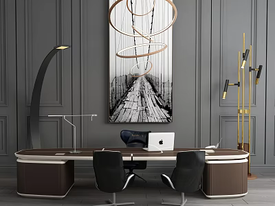 Curved Modern Office Desk With Black Chairs Abstract Wall Art And Circular Pendant Light 3d model