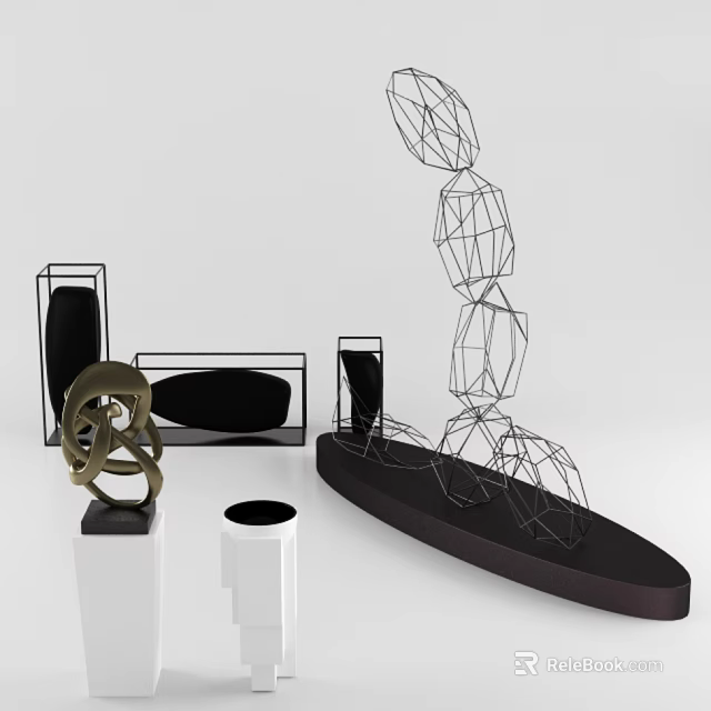 Modern Artistic Decorative Ornament Set With Wireframe Sculptures Geometric Shapes And Metal Stands 3d model 