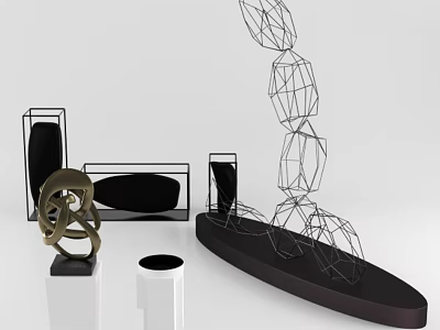 Modern Artistic Decorative Ornament Set With Wireframe Sculptures Geometric Shapes And Metal Stands 3d model