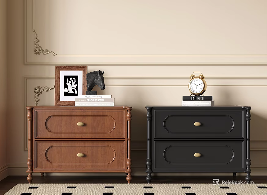 Brown and Black Wooden Nightstands with Picture Frame Horse Figurine Books and Alarm Clock 3d model 