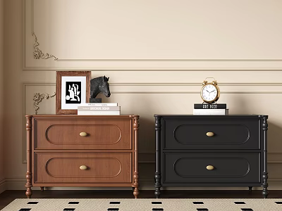 Brown and Black Wooden Nightstands with Picture Frame Horse Figurine Books and Alarm Clock 3d model