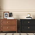 Brown and Black Wooden Nightstands with Picture Frame Horse Figurine Books and Alarm Clock