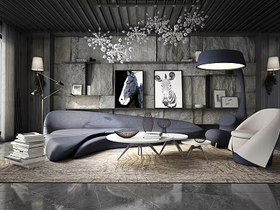 Modern Sofa And Coffee Table Set With Minimalist Design Area Rug And Wall Art 3d model