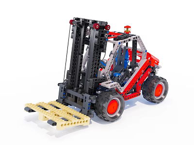 Red Mechanical Building Blocks Forklift Model With Black Frame And Yellow Pallet 3d model