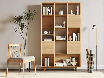 Modern Wooden Bookshelf With Open Compartments Books Decorative Items Potted Plant And Accent Chair 3d model