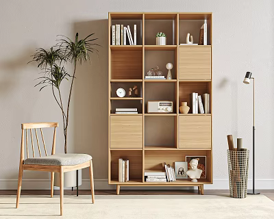 Modern Wooden Bookshelf With Open Compartments Books Decorative Items Potted Plant And Accent Chair 3d model