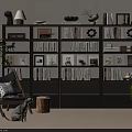 Dark Layered Bookshelf With Books Decorative Items Comfy Chair Green Plant And Cat