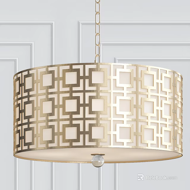 Gold Geometric Pattern Chandelier with Round Shade and Hanging Chain in Modern Minimalist Interior 3d model 