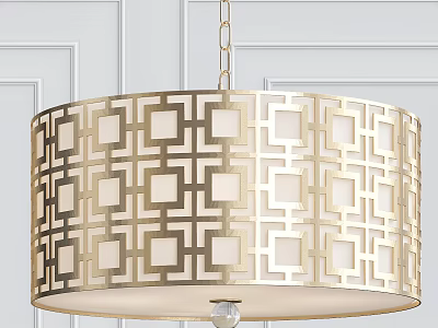 Gold Geometric Pattern Chandelier with Round Shade and Hanging Chain in Modern Minimalist Interior 3d model