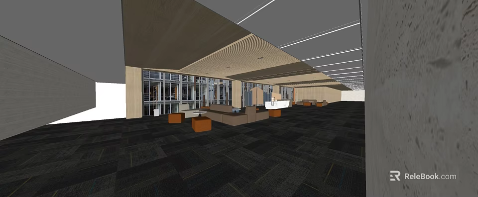 Modern Front Desk Reception Area Interior With Glass Windows And Seating Furniture 3d model 