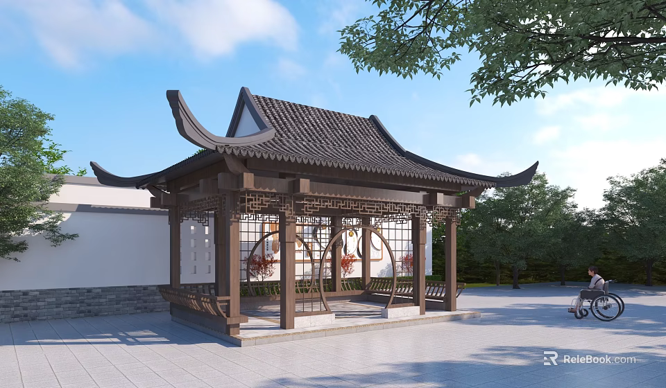 Traditional Chinese Landscape Pavilion With Classic Curved Roof And Intricate Wooden Carvings Surrounded By Trees 3d model 