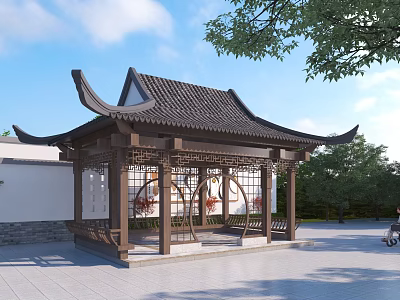Traditional Chinese Landscape Pavilion With Classic Curved Roof And Intricate Wooden Carvings Surrounded By Trees 3d model