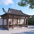 Traditional Chinese Landscape Pavilion With Classic Curved Roof And Intricate Wooden Carvings Surrounded By Trees