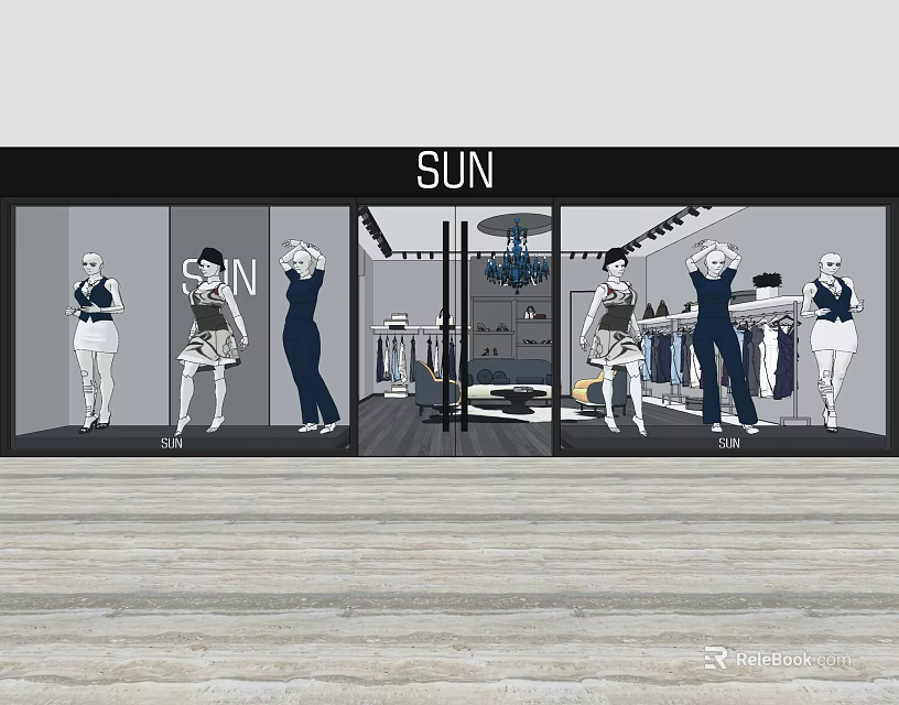 SUN Clothing Store Window Display With Mannequins Chandelier And Fashion Apparel 3d model 