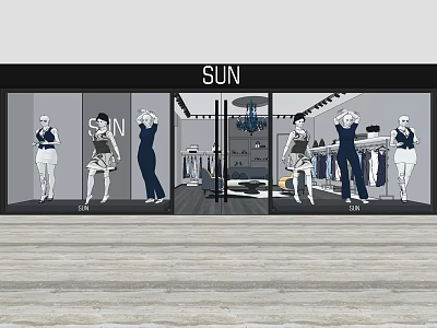 SUN Clothing Store Window Display With Mannequins Chandelier And Fashion Apparel 3d model