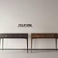 Poliform Wooden Dining Tables With Dark Gray And Brown Two Drawers Against White Wall Background