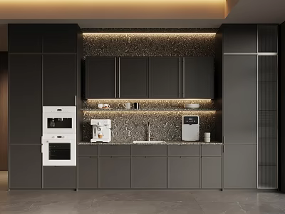 Modern Dark Wine Cabinet With Glass Doors And Under Cabinet Lighting In Kitchen Setting 3d model