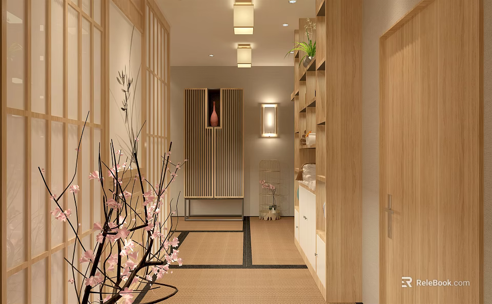 Elegant Clubhouse Lobby With Wooden Decor Pendant Lights And Flower Arrangements 3d model 