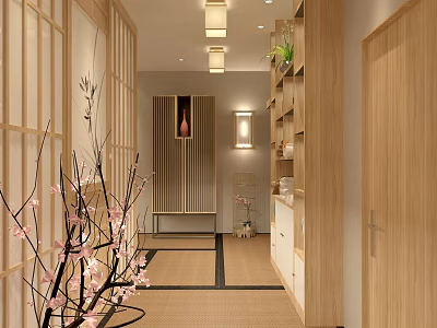 Elegant Clubhouse Lobby With Wooden Decor Pendant Lights And Flower Arrangements 3d model