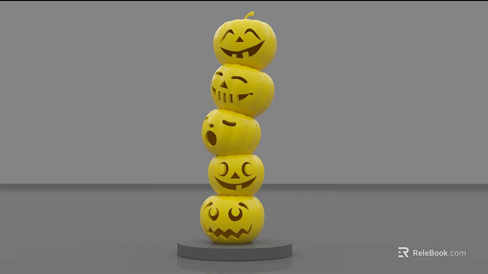 Five Yellow Pumpkin Shaped Dolls Stacked With Various Expressions On Gray Base 3d model 