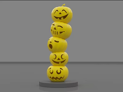 Five Yellow Pumpkin Shaped Dolls Stacked With Various Expressions On Gray Base 3d model