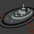 Outdoor Circular Water Fountain With Multi Tiered Design Illuminated Lights And Red Maple Trees