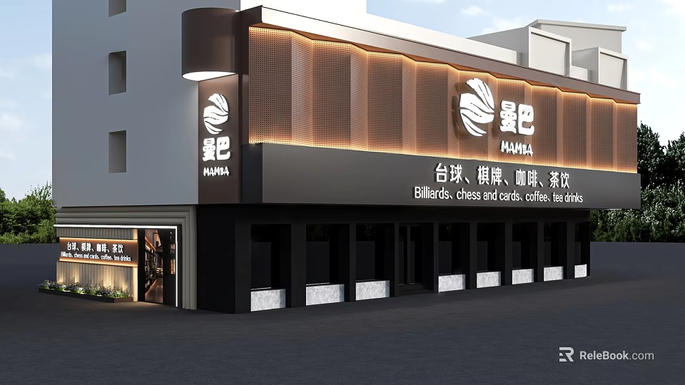 Modern Aihu Billiards Chess Coffee Tea Storefront With Stylish Lighting Facade 3d model 